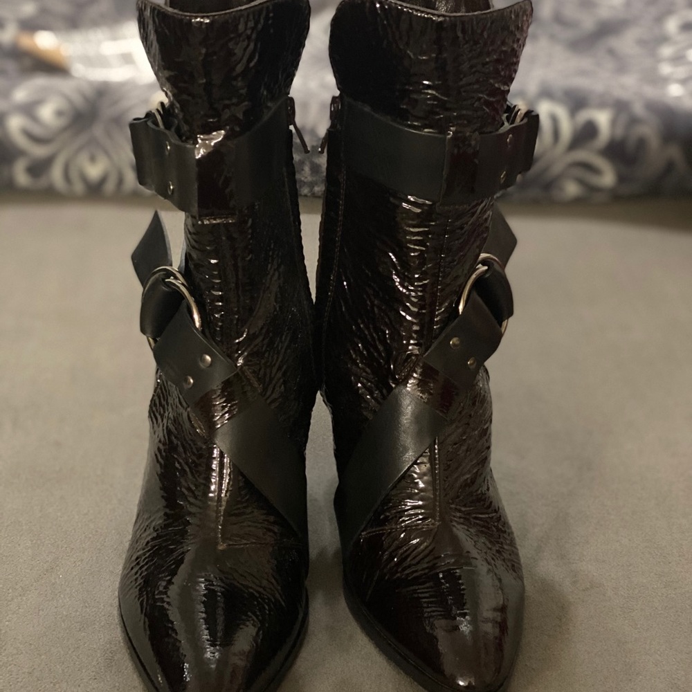 Black Crinkled Patent Leather Buckle Ankle Boots